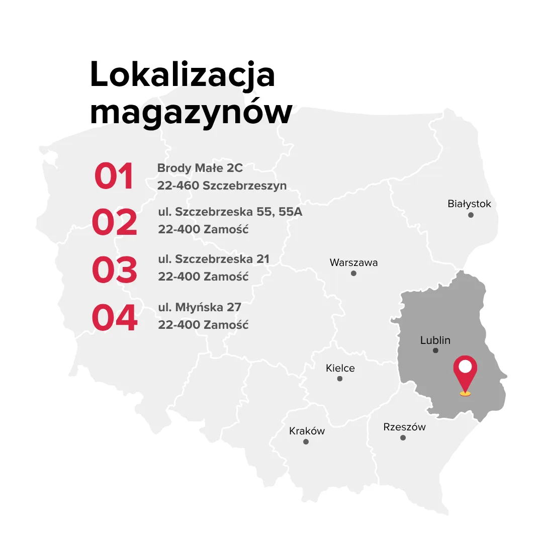 Lokalizacja magazynów Imker – 4 lokalizacje w Zamościu i Szczebrzeszynie