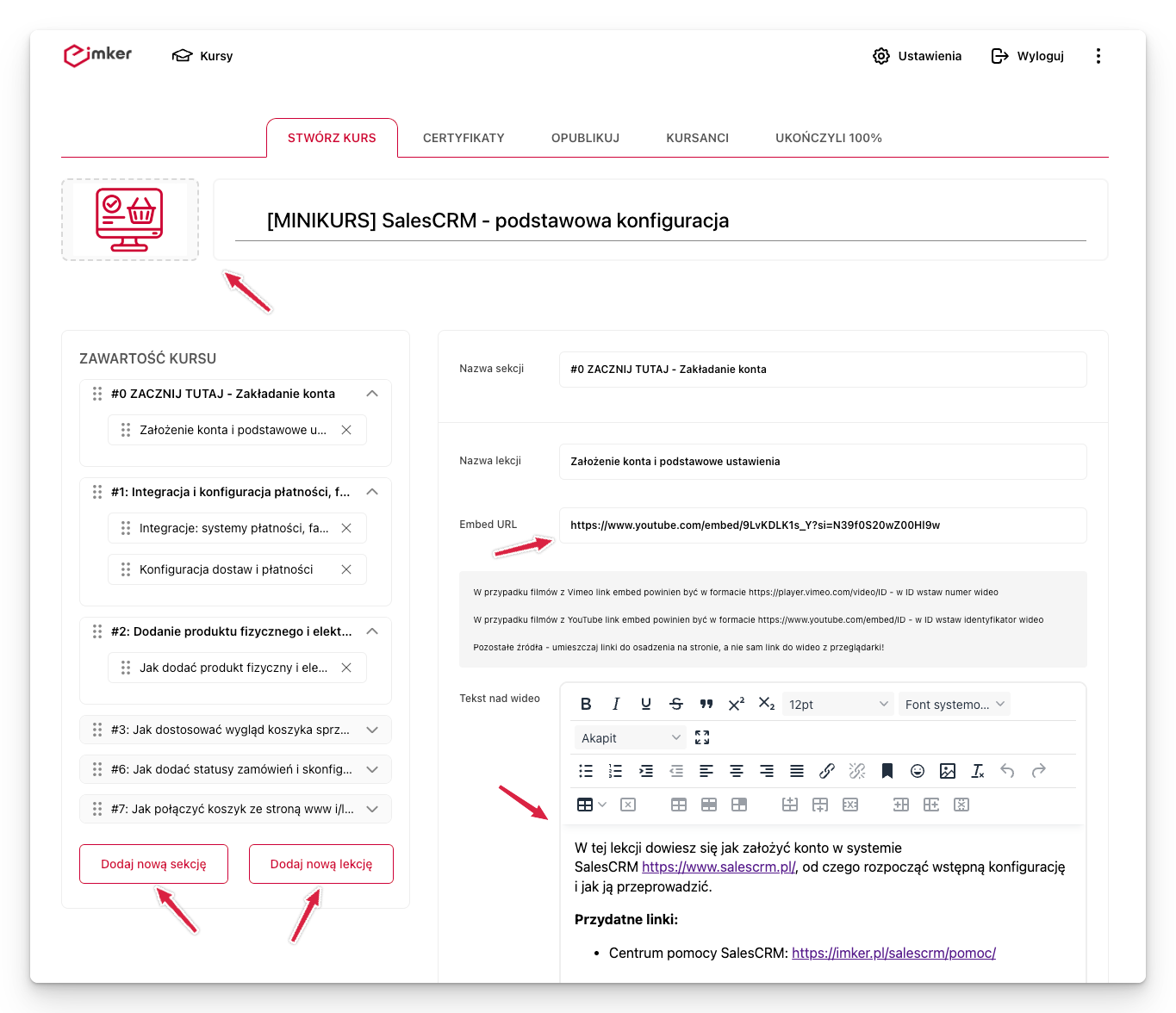 Konfiguracja lekcji w platformie kursowej Imker