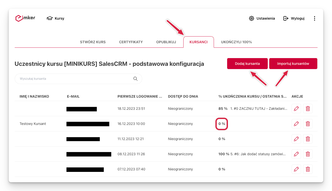 Lista kursantów w platformie Imker