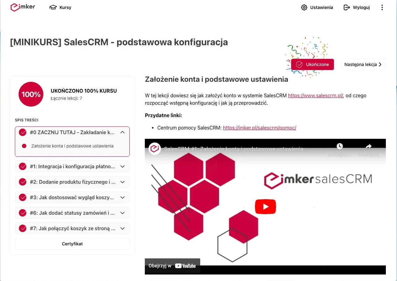 Panel platformy kursowej Imker